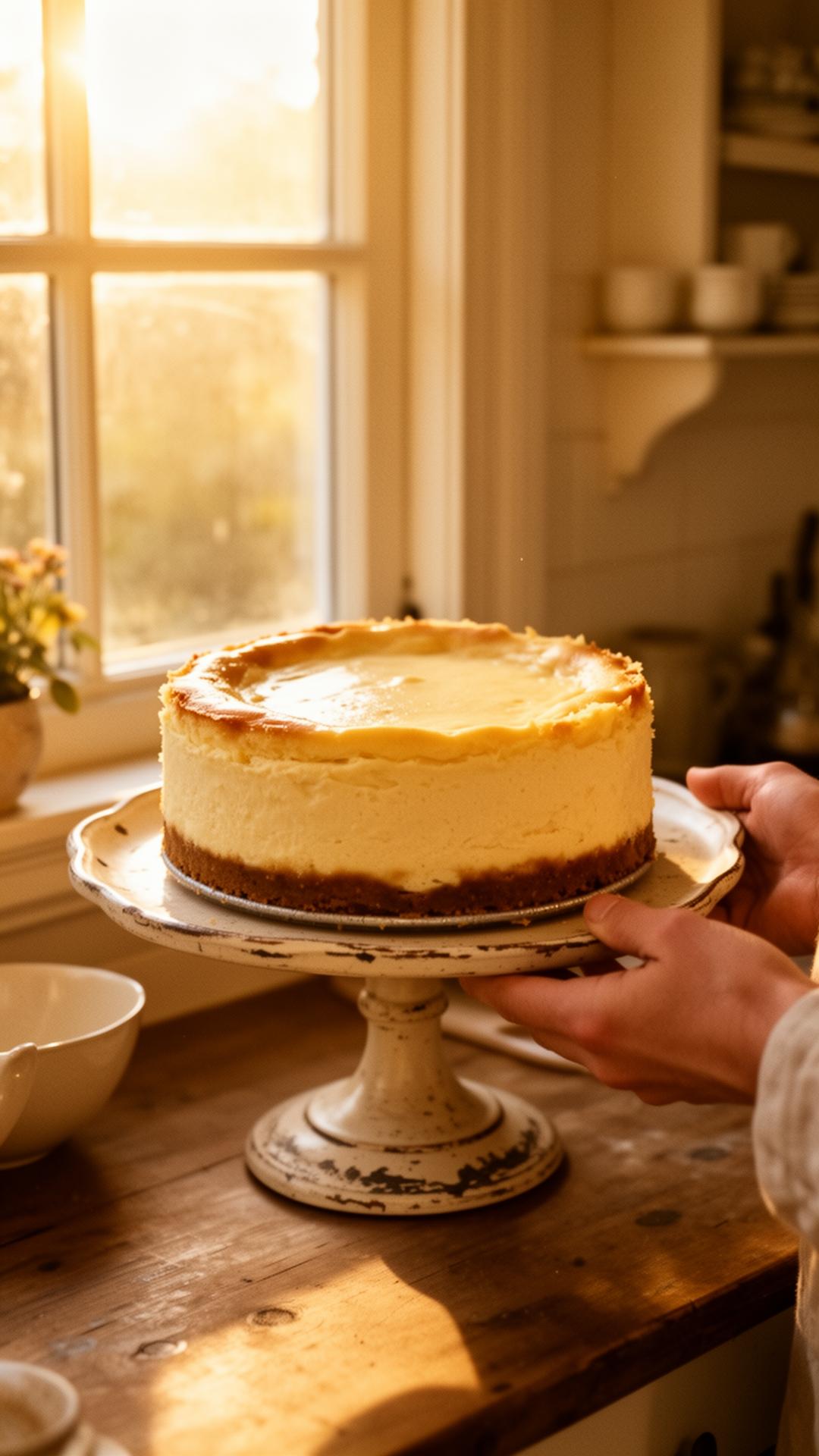 A whole golden cheesecake on a vintage cake stand, lit by warm window light